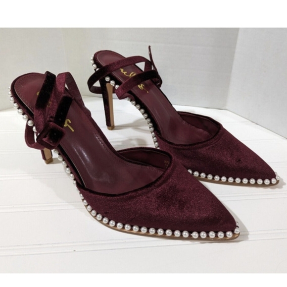 Lulus Shoes - Lulus Shoes Red Velvet With Pearls High Heel Wrap Ankle Stiletto Prom Dance